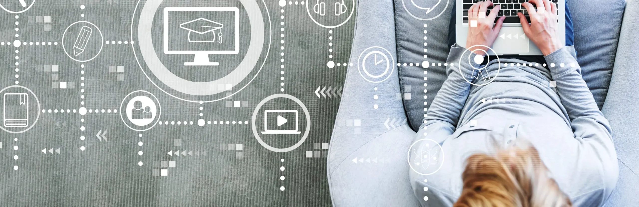 Overhead shot of person on laptop with abstract design with different icons superimposed